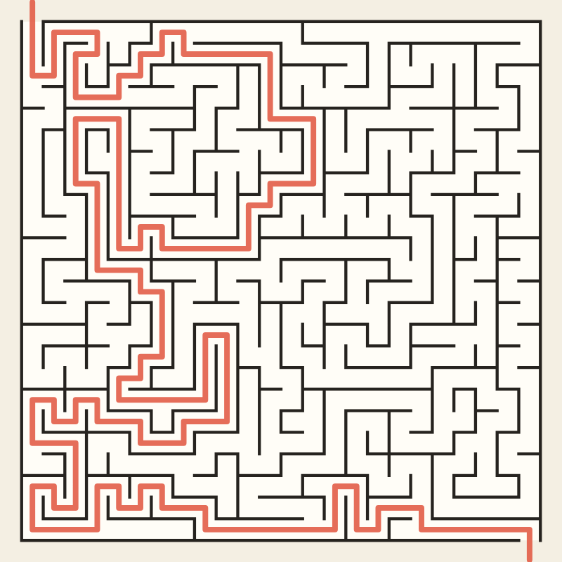 A square maze with its solution drawn in red